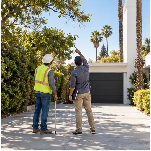 Contractor and property owner checking driveway and overhead clearance